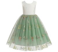 FYMNSI Flower Girl Dress Kids Wedding Bridesmaid Birthday Party Dresses Back V-neck Sleeveless Lace Floral Embroidery Tulle Tutu Princess Dress First Communion Evening Ball Prom Gown Sage Green 2-3Y