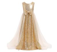 FYMNSI Flower Girl Dress Kids Wedding Bridesmaid Long Dresses Shiny Sequin Sleeveless Tutu Tulle Princess Bowknot Formal Evening Pageant First Communion Birthday Party Ball Prom Gown Gold 6 Years