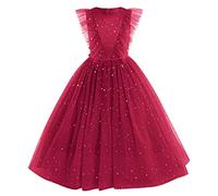 FYMNSI Flower Girl Dress Kids Wedding Bridesmaid Tutu Princess Maxi Long Dress Ruffle Tulle Sleeveless A-line Shiny Sequin Evening Birthday Party Ceremony Ball Prom Gown Star - Wine Red 13-14 Years