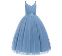 FYMNSI Flower Girl Dress Kids Wedding Junior Bridesmaid Long Dresses Spaghetti Straps V Neck Floral Embroidery Tutu Tulle Princess Formal Evening Pageant Birthday Party Ball Prom Gown Dusty Blue 12Y