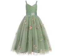 FYMNSI Flower Girl Dress Kids Wedding Junior Bridesmaid Long Dresses Spaghetti Straps V Neck Floral Embroidery Tutu Tulle Princess Formal Evening Pageant Birthday Party Ball Prom Gown Sage Green 10Y