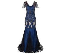 FYMNSI Gatsby Dress, Women 1920s Art Deco Sequin Fringed Flapper Dress Roaring 20s Fancy Dress Up V Neck Vintage Beaded Evening Pageant Glam Party Cocktail Dresses Adult Costume Blue 2XL
