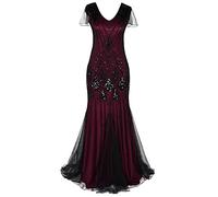 FYMNSI Gatsby Dress, Women 1920s Art Deco Sequin Fringed Flapper Dress Roaring 20s Fancy Dress Up V Neck Vintage Beaded Evening Pageant Glam Party Cocktail Dresses Adult Costume Red + Black L