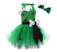 FYMNSI Girl Caveman Costume Kids Cavegirl Fancy Dress Up Toddler Baby Flintstones Halloween Party Cosplay Historical Stone Age Stage Performance Tutu Tulle Dress Bone Hair Clip Set Green 11-12 Years