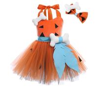 FYMNSI Girl Caveman Costume Kids Cavegirl Fancy Dress Up Toddler Baby Flintstones Halloween Party Cosplay Historical Stone Age Stage Performance Tutu Tulle Dress Bone Hair Clip Set Orange 2 Years