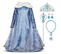 FYMNSI Girl Elsa Costume Fancy Dress Up Princess Ice Snow Queen Carnival Cosplay Fur Collar Snowflake Long Cloak Pageant Blue Maxi Dress Accessories Outfit Birthday Party Stage Performance Blue02 5-6Y