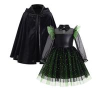 FYMNSI Girl Wicked Evil Witch Elphaba Costume Long Sleeve Tulle Tutu Dresses with Black Hooded Cape Cloak Halloween Fancy Dress Up Birthday Party Book Movie Themed Role Play Outfit Black 9-10 Years