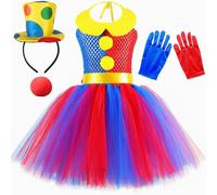 FYMNSI Girls Circus Clown Costume Blue Red Striped Handmade Puffy Tulle Tutu Princess Dress with Gloves Nose Headwear Set Kids Christmas Book Week Carnival Birthday Party Fancy Dress Up Red 6-7Y