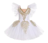 FYMNSI Girls Dance Ballet Leotard Dress Mesh Flutter Sleeve Princess Tutu Tulle Dresses Kids Swan Lake Stage Performance Ballerina Dress Up Costume Dancewear Class Training Outfit White 5-6 Years