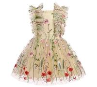 FYMNSI Girls Floral Embroidery Tutu Princess Dress Flower Girl Wedding Guest Bridesmaid Pageant Birthday Party Outfits Kids Ruffle Puffy A-line Short Summer Special Occasion Light Yellow 3-4 Years