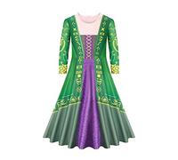 FYMNSI Girls Halloween Costume Kids Witch Sarah Sanderson Sister Cosplay Carnival Fancy Dress Up Winifred Magic Medieval Renaissance Party Long Sleeve Printed A-line Dress Green 10-11 Years