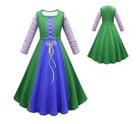 FYMNSI Girls Halloween Costume Kids Witch Sarah Sanderson Sister Cosplay Carnival Fancy Dress Up Winifred Mary Magic Medieval Renaissance Party Long Sleeve Printed A-line Dress Green + Blue 9-10Y