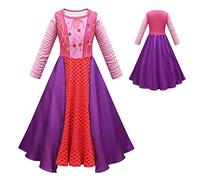 FYMNSI Girls Halloween Costume Kids Witch Sarah Sanderson Sister Cosplay Carnival Fancy Dress Up Winifred Mary Magic Medieval Renaissance Party Long Sleeve Printed A-line Dress Pink + Purple 11-12Y