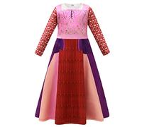 FYMNSI Girls Halloween Costume Kids Witch Sarah Sanderson Sister Cosplay Carnival Fancy Dress Up Winifred Magic Medieval Renaissance Party Long Sleeve Printed A-line Dress Pink Floral 10-11 Years
