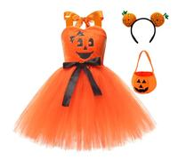 FYMNSI Girls Halloween Costume Pumpkin Dress Smile Ghost Tulle Tutu Princess Dresses With Headband Candy Bag Kids Trick Or Treat Outfits Carnival Cosplay Birthday Party Photo Shooting Orange 8-9Y