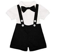 FYMNSI Infant Baby Boy Christening Baptism Outfit Short Sleeve Romper Shirt + Suspenders Linen Shorts Pants + Bow Tie 3pcs Formal Suit Toddler Kids Gentleman Tuxedo Wedding Birthday Party Black 0-6M