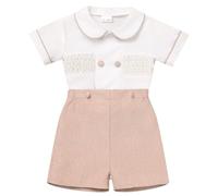 FYMNSI Infant Baby Boy Toddler Kids Smocked Birthday Party Outfit Short Sleeve Button Down Shirt Tops Shorts Pants Set Summer Casual Vintage Clothes Wedding Guest Formal Occasion Suit Khaki 2 Years