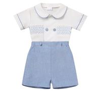 FYMNSI Infant Baby Boy Toddler Kids Smocked Birthday Party Outfit Short Sleeve Button Down Shirt Tops Shorts Pants Set Summer Casual Vintage Clothes Wedding Guest Formal Occasion Suit Blue 4 Years