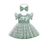 FYMNSI Infant Baby Girl Daisy First 1st Birthday Outfit Toddler Kids Floral Print One Year Old Party Ruffle Tulle Tutu Princess Dress Cake Smash Photo Shooting Set Summer Casual Clothes Green 9-12M
