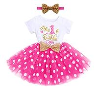 FYMNSI Infant Baby Girl My 1st First Birthday Party Dress Cotton Short Sleeve Polka Dots Tutu Tulle Skirt Sequin Bowknot Headband 2pcs Clothes Set Photo Props Hot Pink