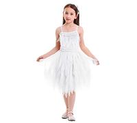 FYMNSI Kids Baby Girls Spaghetti Strap Swan Princess Feather Fringes Tutu Cake Dress Children Birthday Party Pageant Wedding Bridesmaid Ballerina Ballet Dance Short Tiered Gown Costume White 7-8 Years