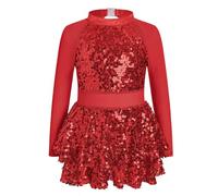 FYMNSI Kids Girls Sequined 2 Piece Dance Outfit Sparkle Hip Hop Set Mesh Long Sleeve Tiered Sequin Dress Top with Shorts for Modern Jazz Latin Ballroom Team Performance Dancewear Red 8-9 Years