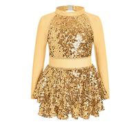 FYMNSI Kids Girls Sequined 2 Piece Dance Outfit Sparkle Hip Hop Set Mesh Long Sleeve Tiered Sequin Dress Top with Shorts for Modern Jazz Latin Ballroom Team Performance Dancewear Gold 11-12 Years