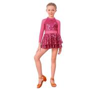 FYMNSI Kids Girls Sequined 2 Piece Dance Outfit Sparkle Hip Hop Set Mesh Long Sleeve Tiered Sequin Dress Top with Shorts for Modern Jazz Latin Ballroom Team Performance Dancewear Hot Pink 6-7 Years