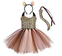 FYMNSI Kids Toddler Baby Girl Leopard Costume Halloween Cosplay Animal Fancy Dress Up Jungle Safari Zoo Theme Birthday Party Halter Backless Tutu Dress with Headband Tail 3pcs Clothes Set Brown 11-12Y