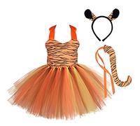 FYMNSI Kids Toddler Baby Girl Tiger Costume Halloween Cosplay Animal Fancy Dress Up Jungle Safari Zoo Theme Birthday Party Halter Backless Tutu Dress with Headband Tail 3pcs Clothes Set 3-4 Years