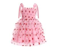 FYMNSI Kids Valentine's Day Dress Love Heart Tulle Tutu Princess Spaghetti Strap Tie Shoulder Smocked A-line Tiered Dresses for Birthday Party Wedding Guest Special Occasion Formal Pageant Pink 3-4Y