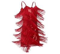FYMNSI Latin Dance Dress for Girls Salsa Tango Jazz Ballroom Dancing Outfit Kids V-Neck Sparkly Sequin Tassel Fringed 1920s Flapper Dresses Stage Performance Competition Dancewear Red 10-11 Years