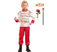 FYMNSI Majestic King Royal Prince Charming Costume for Kids Boys Halloween Carnival Cosplay Christmas Birthday Party Fancy Dress Up World Book Day Tunic Top Pants Crown Scepter Rose Set Red 8-10Y