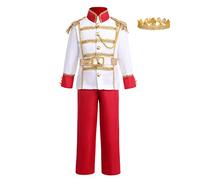FYMNSI Majestic King Royal Prince Charming Costume for Kids Boys Halloween Carnival Cosplay Christmas Birthday Party Fancy Dress Up World Book Day Tunic Top Pants Crown 3pcs Set Red 10-12 Years