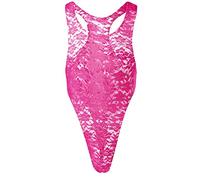 FYMNSI Mens Lace Floral Bodysuit Sissy Lingerie High Cut Thong See Through Romper Racer Back One-Piece Sleeveless Jumpsuit Playsuit Wrestling Singlet Leotard Vest Nightwear Sleepwear Hot Pink XXL