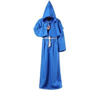 FYMNSI Monk Costume Men Medieval Priest Robes Hooded Cape Cloak Pastor Outfit Renaissance Wizard Fancy Dress Up for Adults Carnival Halloween Party World Book Day Cosplay Royal Blue XL
