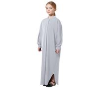 FYMNSI Muslim Dress for Girls, Eid Dresses for Girls, Islamic Kids Prayer Outfits Button Down Henley Shirt Maxi Long Abaya One-Piece Kaftan Ramadan Robe Middle East Dubai Clothes Light Gray 5-6Y