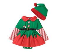 FYMNSI Newborn Baby Girls First Christmas Outfit Infant Santa's Helpers Elf Costume Toddlers My 1st Xmas Clothes Cotton Long Sleeve Romper Dress Hat Party Festival Clothing Photo Shoot Green 12-18M