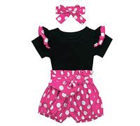 FYMNSI Newborn Infant Baby Girl First Birthday Outfit Ruffle Short Sleeve Romper Top Polka Dots Shorts Bowknot Headband 3pcs Minnie Mouse Costume Set Summer Clothing Hot Pink 6-12 Months