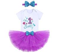 FYMNSI Newborn Infant Baby Girl Mermaid First 1st Birthday Cake Smash Outfit Cotton Short Sleeve Romper Bodysuit Princess Tutu Skirt Bowknot Headband 3pcs Clothes Set Photo Props Purple 1 Year