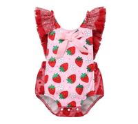 FYMNSI Newborn Infant Baby Girls Berry My First 1st Birthday Cake Smash Outfit Strawberry Romper One-piece Bodysuit Playsuit Jumpsuit Backless Bubble Rompers Summer Casual Clothes Red 6-12M