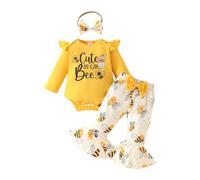 FYMNSI Newborn Infant Baby Girls Fall Casual Long Sleeve Outfit Bee Printed Cotton Romper Bodysuit Bell Bottom Pants Flared Trousers Bowknot Headband 3pcs 1st Birthday Party Set Yellow 9-12 Months