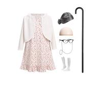 FYMNSI Old Lady Costume for Girls 100th Day of School Cosplay Fancy Dress Up Kids Grandma Granny Floral Dress with Bolero Shrug Wig Accessories Set for Carnival Halloween Party Red Floral 7-8 Years