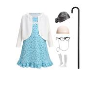 FYMNSI Old Lady Costume for Girls 100th Day of School Cosplay Fancy Dress Up Kids Grandma Granny Floral Dress with Bolero Shrug Wig Accessories Set for Carnival Halloween Party Blue 7-8 Years