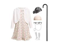 FYMNSI Old Lady Costume for Girls 100th Day of School Cosplay Fancy Dress Up Kids Grandma Granny Floral Dress with Bolero Shrug Wig Accessories Set for Carnival Halloween Party Apricot 7-8 Years