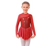 FYMNSI Roller Figure Ice Skating Dress for Girls Lyrical Dance Outfits Sparkly Rhinestone Long Sleeve Mesh Tulle Skirted Leotard Gymnastics Ballet Dancewear Stage Performance Red 5-6 Years