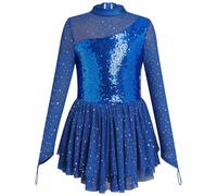 FYMNSI Roller Figure Ice Skating Dress for Girls Lyrical Dance Outfits Sparkly Rhinestone Long Sleeve Mesh Tulle Skirted Leotard Gymnastics Ballet Dancewear Stage Performance Costume Royal Blue 5-6Y