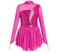 FYMNSI Roller Figure Ice Skating Dress for Girls Lyrical Dance Outfits Sparkly Rhinestone Long Sleeve Mesh Tulle Skirted Leotard Gymnastics Ballet Dancewear Stage Performance Costume Hot Pink 11-12Y