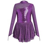 FYMNSI Roller Figure Ice Skating Dress for Girls Lyrical Dance Outfits Sparkly Rhinestone Long Sleeve Mesh Tulle Skirted Leotard Gymnastics Ballet Dancewear Stage Performance Costume Purple 5-6 Years