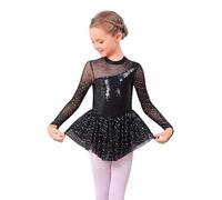 FYMNSI Roller Figure Ice Skating Dress for Girls Lyrical Dance Outfits Sparkly Rhinestone Long Sleeve Mesh Tulle Skirted Leotard Gymnastics Ballet Dancewear Stage Performance Black 9-10 Years